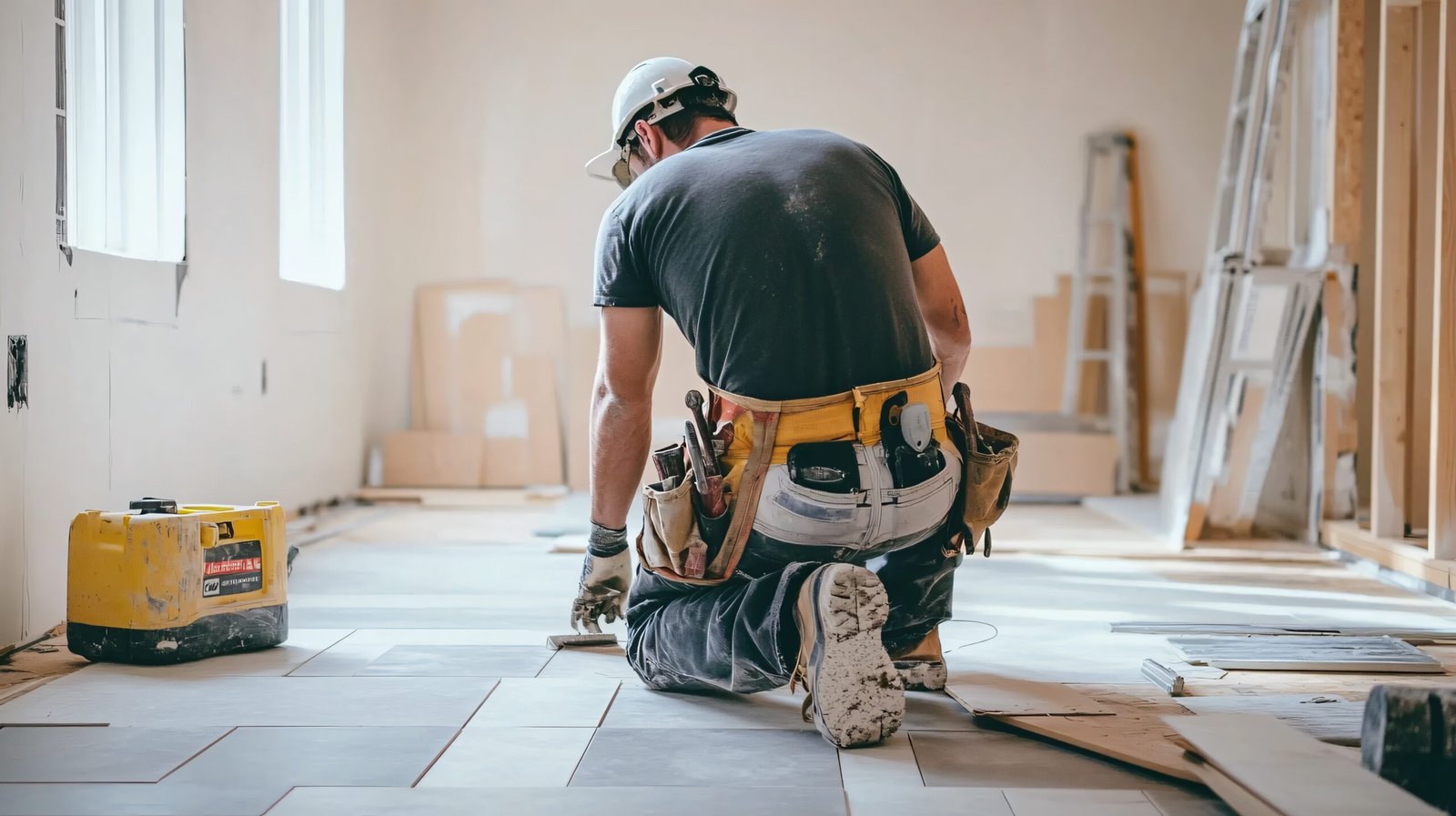 A construction worker installing tile flooring in a new home